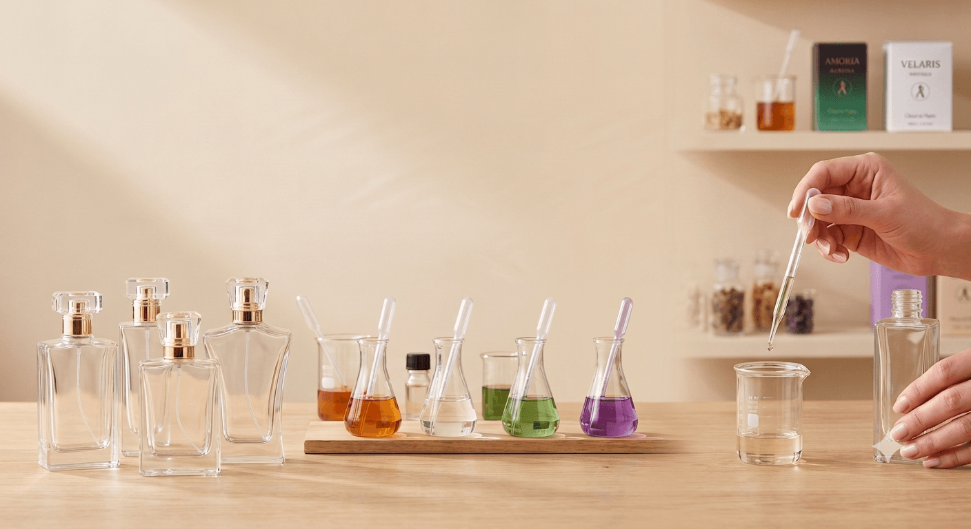 Empty Amoria bottles beside beakers of fragrance oils, being blended into a custom scent